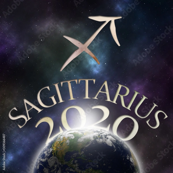 Fototapeta Symbol of the zodiac sign Sagittarius and its name with the year 2020 appearing behind the earth with stars and the universe in the background
