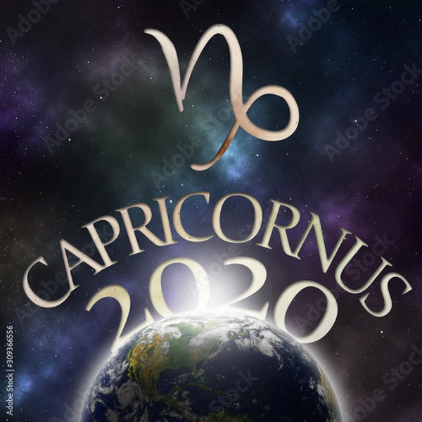 Fototapeta Symbol of the zodiac sign Capricornus and its name with the year 2020 appearing behind the earth with stars and the universe in the background