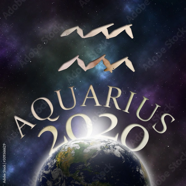Fototapeta Symbol of the zodiac sign Aquarius and its name with the year 2020 appearing behind the earth with stars and the universe in the background