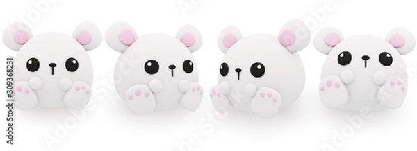 Fototapeta set of cute low poly white bear isolated on white background with clipping path , collection toy different angle object. " 3d illustration"
