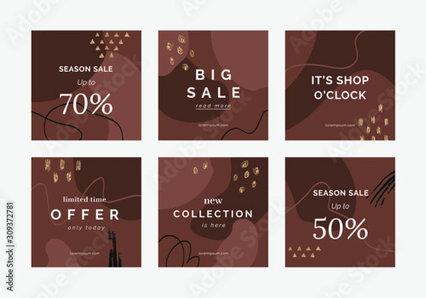 Fototapeta Set of 6 hand drawn vector backgrounds. Glitter elements, abstract shapes. Modern promotion square web banners for social media mobile apps.