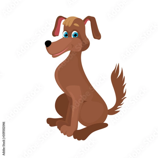 Fototapeta Character dog, cartoon mongrel. Brown wool. Long ears. Vector illustration of character on a white background.