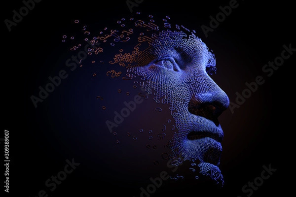 Obraz Abstract digital human face.  Artificial intelligence concept of big data or cyber security. 3D illustration 