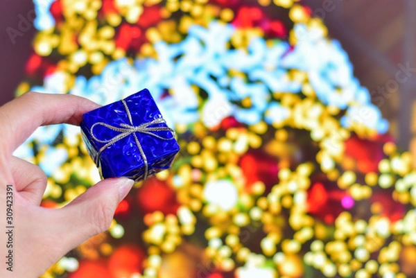 Fototapeta Hand Holding Small Christmas Gift with Christmas Tree as Background