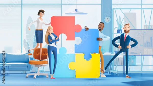 Obraz People connecting puzzle elements. 3d illustration.  Cartoon characters. Business teamwork concept on white background.