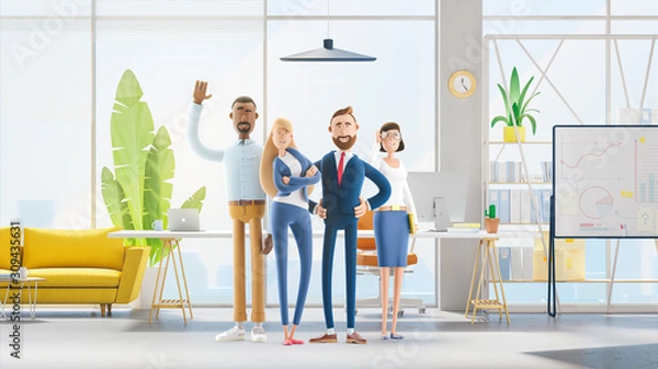 Obraz Working team of professionals stand in the interior of the office. 3d illustration.  Cartoon characters. Business teamwork concept. 