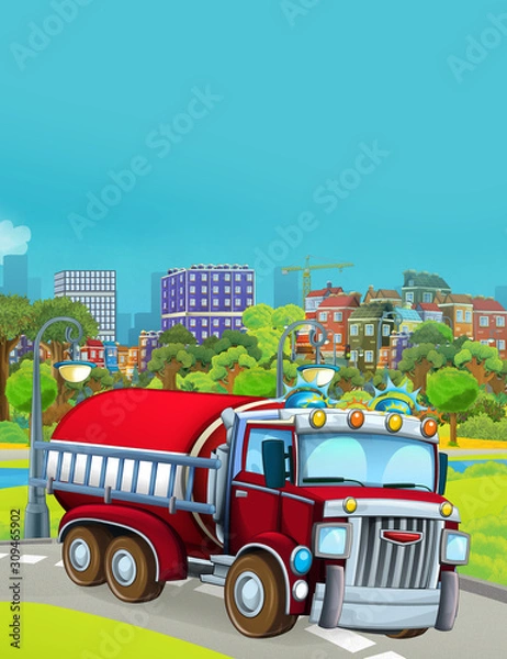 Obraz cartoon scene with fireman vehicle on the road - illustration for children