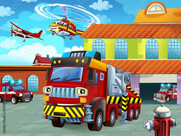 Fototapeta cartoon scene with fireman vehicle on the road near the fire station - illustration for children