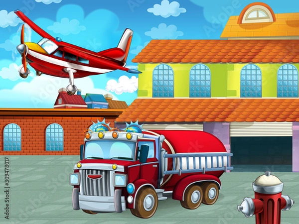 Fototapeta cartoon scene with fireman vehicle on the road near the fire station - illustration for children