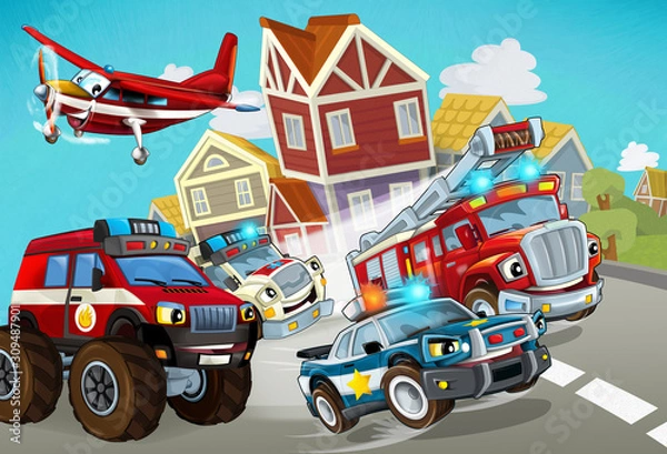 Fototapeta cartoon scene with fireman vehicle on the road with police car and ambulance - illustration for children