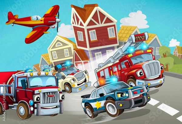 Fototapeta cartoon scene with fireman vehicle on the road with police car and ambulance - illustration for children