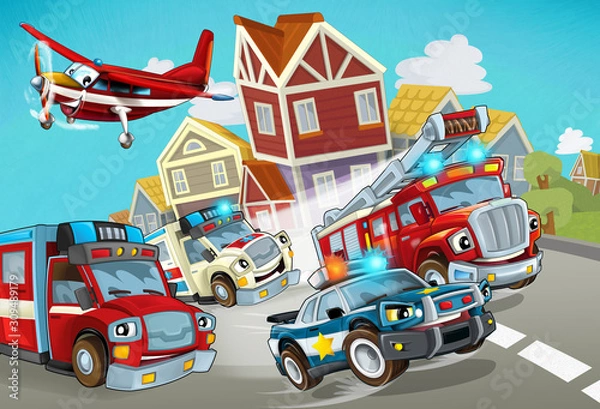 Fototapeta cartoon scene with fireman vehicle on the road with police car and ambulance - illustration for children