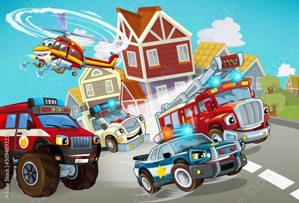 Fototapeta cartoon scene with fireman vehicle on the road with police car and ambulance - illustration for children
