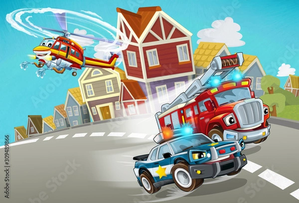 Obraz cartoon scene with fireman vehicle on the road with police car - illustration for children