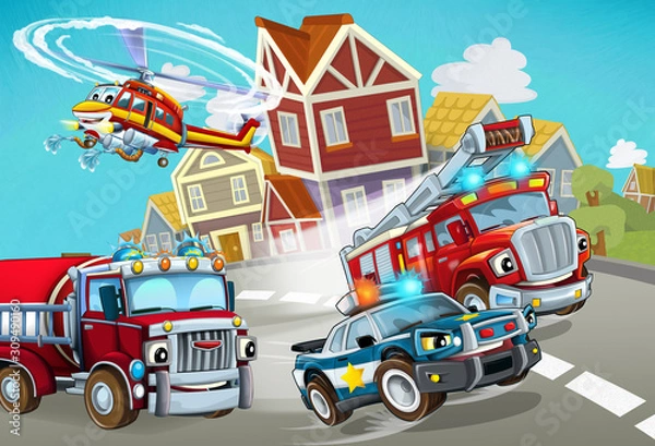 Fototapeta cartoon scene with fireman vehicle on the road with police car - illustration for children