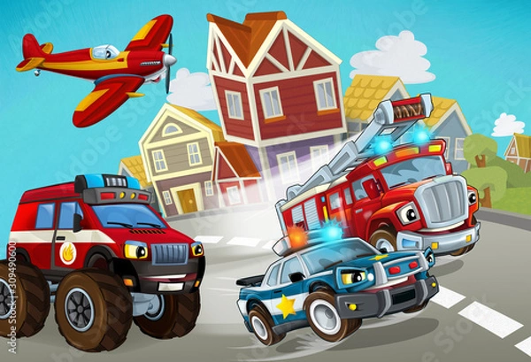 Fototapeta cartoon scene with fireman vehicle on the road with police car - illustration for children