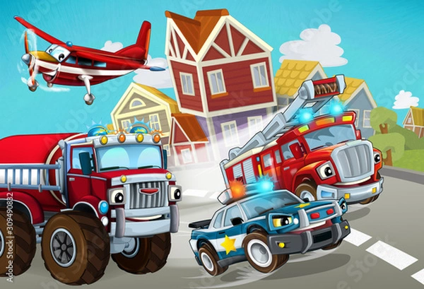 Fototapeta cartoon scene with fireman vehicle on the road with police car - illustration for children