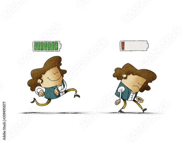 Obraz Cheerful businesswoman with high full level energy battery green and tired businesswoman with low battery red color. Business concept. isolated.