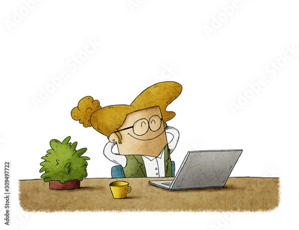 Obraz woman is smiling while relaxing on chair in office. isolated