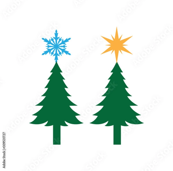 Fototapeta green simple pine tree with star and snowflake on the top vector christmas theme for print