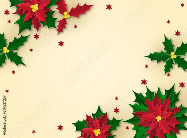 Fototapeta Background with a red flower. Christmas poster in paper art style. Poinsetia with green and red leaves. Place for text.