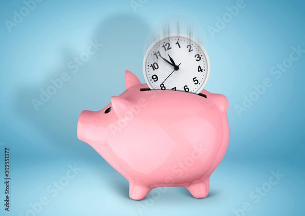 Fototapeta Saveing time concept, piggy bank with clock on blue