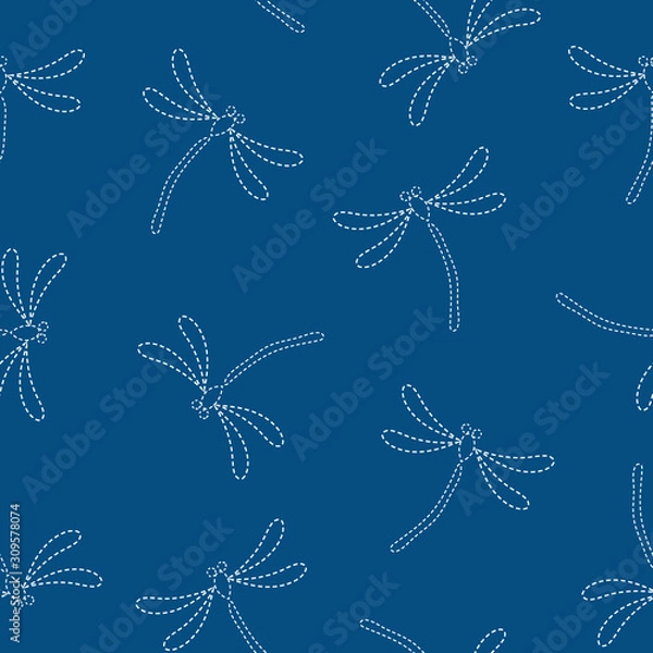 Fototapeta Seamless vector pattern background with dragonflies in japanese embroidery style.