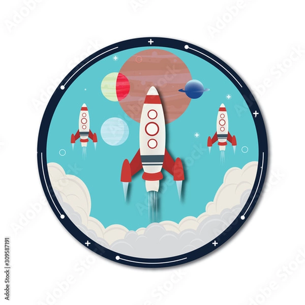 Fototapeta Flying space rocket with planet and using colored doodle style