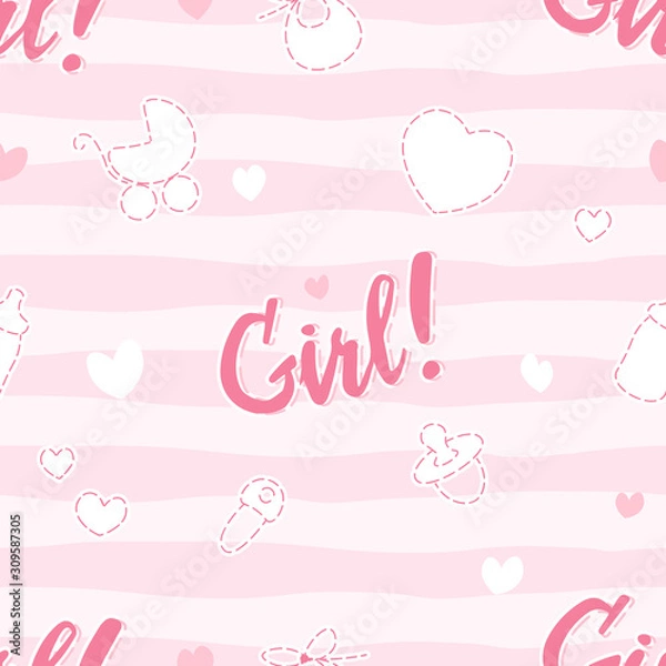 Fototapeta its a girl cute seamless pattern on pink background with doodle elements for newborn, editable vector illustration for kids apparel, fabric, textile, nursery decoration, wrapping paper