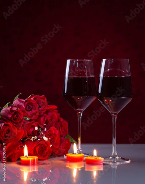 Obraz Bouquet of Red Roses and Glasses of Wine