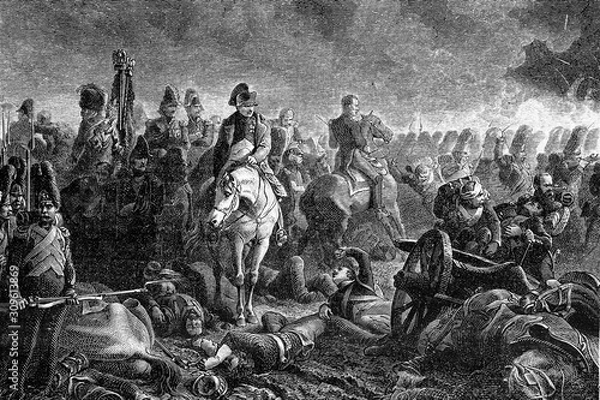 Obraz Battle of Waterloo. At eleven o'clock at night, Napoleon with the first grenadier regiment of the guard. 18th June 1815.  Antique illustration. 1890.