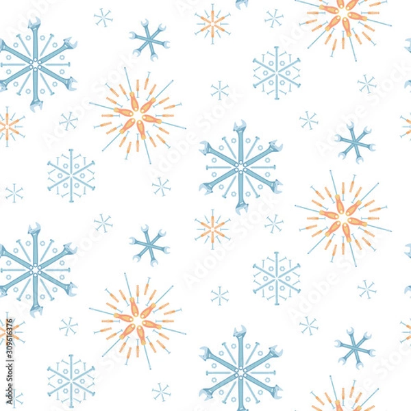 Fototapeta Christmas seamless pattern of tools and fasteners laid out in the shape of snowflakes. Vector background.