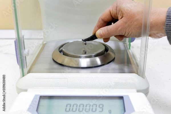 Fototapeta The student weighs a small metal object on an accurate analytical balance.