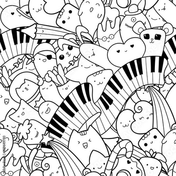 Fototapeta Bezszwowe gryzmoły wzór z instrumentem muzycznym. Klawisze fortepianu z kawaii stworzeniami, uroczymi potworami i zwierzętami. Wzór do kolorowania strony lub nadruku projektu. Łatwa zmiana koloru wewnątrz obiektów.