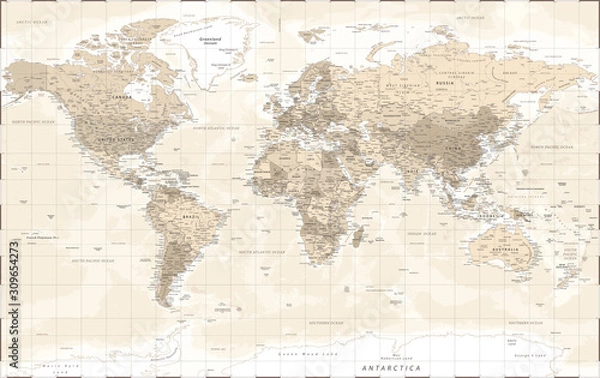 Fototapeta World Map - Vintage Retro Old Style - Vector Detailed Illustration