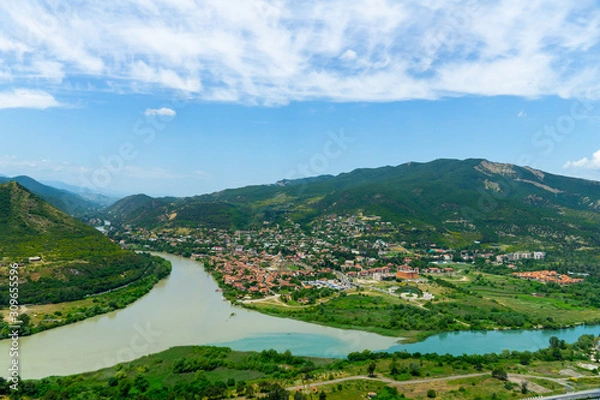 Fototapeta The Top View Of Mtskheta, Georgia, The Old Town Lies At The Confluence Of The Rivers Mtkvari And Aragvi. Svetitskhoveli Cathedral, Ancient Georgian Orthodox Church