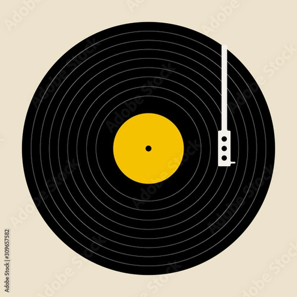 Fototapeta Vinyl record. Vintage vinyl record disk with empty white label on orange background. retro sound technology to play music