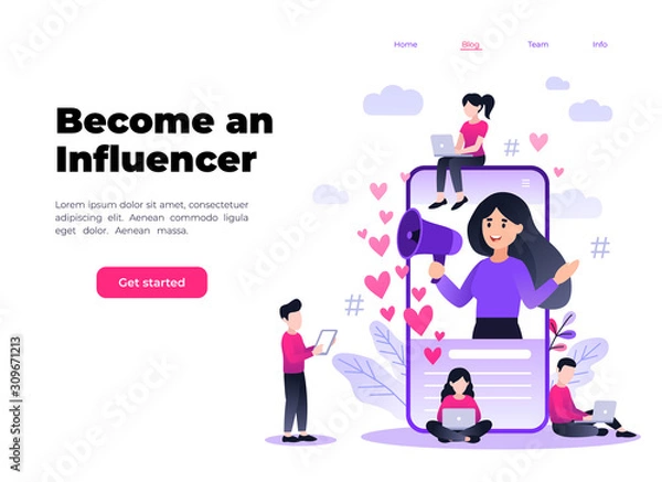 Fototapeta Flat vector style illustration with characters - influencer marketing concept - blogger promotion services, goods for followers online. Social media influencer shouting in megaphone from smartphone.