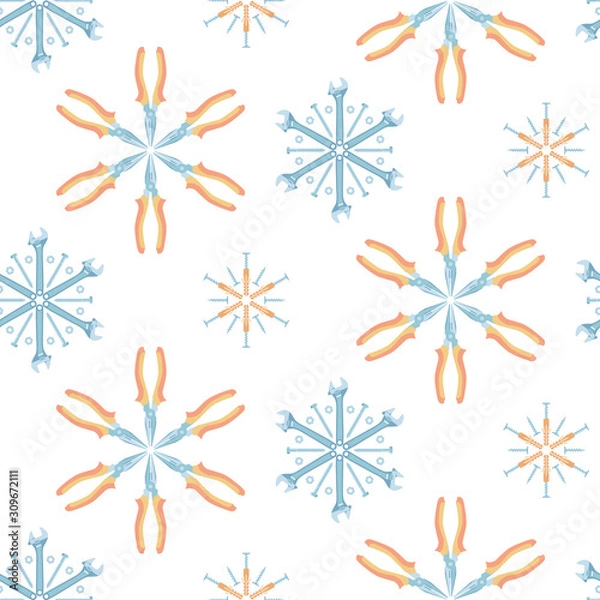 Fototapeta Christmas seamless pattern of tools and fasteners laid out in the shape of snowflakes. Vector background.