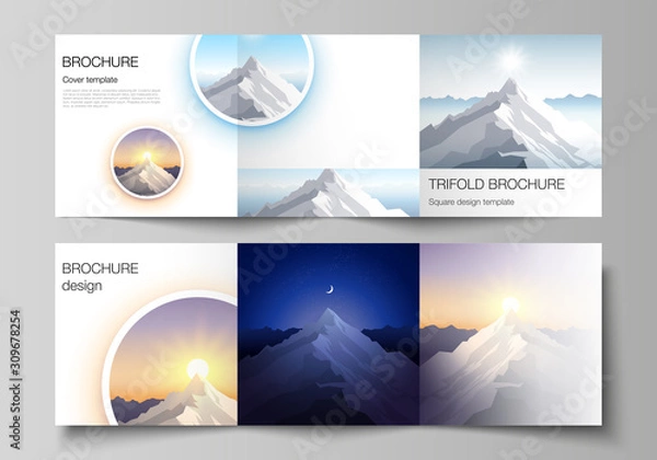 Fototapeta Minimal vector editable layout of square format covers design templates for trifold brochure, flyer, magazine. Mountain illustration, outdoor adventure. Travel concept background. Flat design vector.