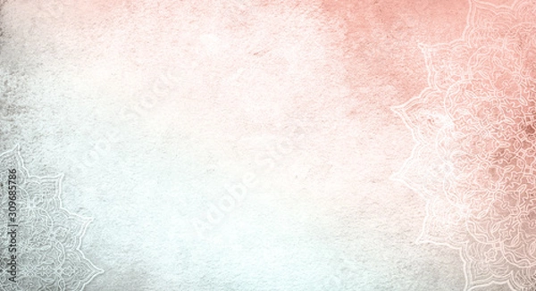 Obraz Light pastel coral orange and teal textured watercolor background with mandalas