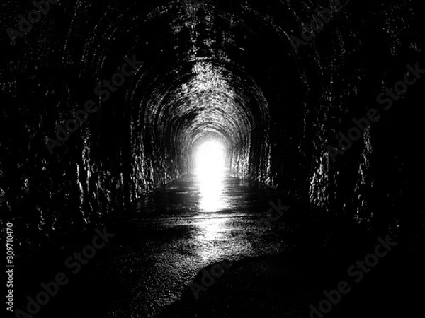 Fototapeta dark and damp tunnel with light at the end 