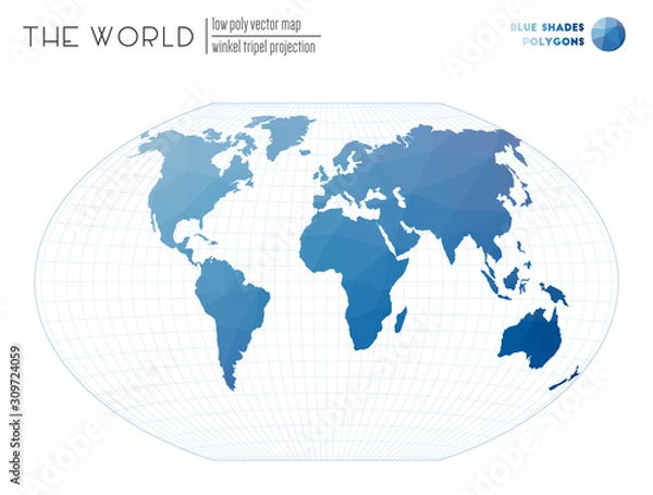 Fototapeta World map with vibrant triangles. Winkel tripel projection of the world. Blue shades colored polygons. Neat vector illustration.