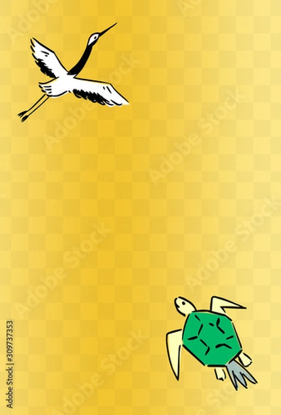 Fototapeta ポストカード、シンプル、和、柄　市松模様　イラスト　鶴　亀