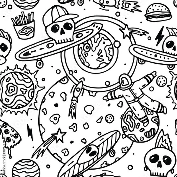Fototapeta Abstract Vector background. T shirt design. Doodle. Space Skateboarding. Eating fast food, pizza, french fries, hamburger. Cool skull illustration. Spaceman in the sky, stars, planet, cosmos, rockets.