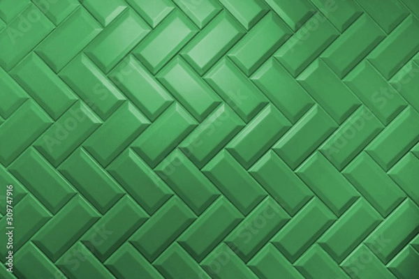 Fototapeta Beveled emerald matt ceramic tiles pattern laid herringbone