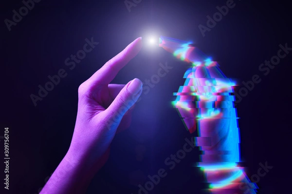 Fototapeta Touching fingers of engineer and digital technology that he creates. Acquaintance of man and technology.