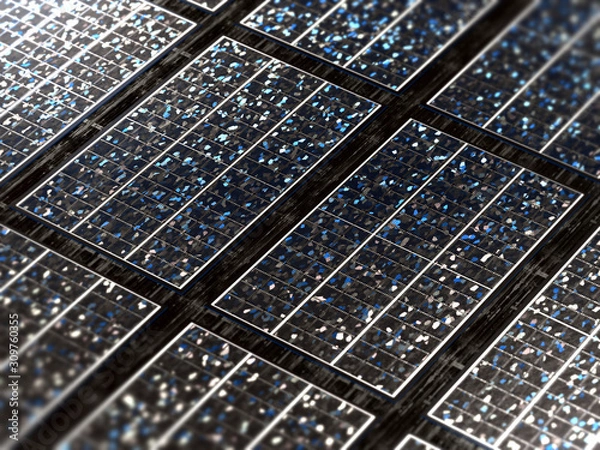 Fototapeta Close-up on rows of small futuristic solar cells made of the last advanced technology
