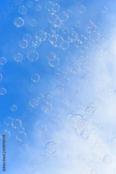 Obraz Soap bubbles against blurred blue sky background
