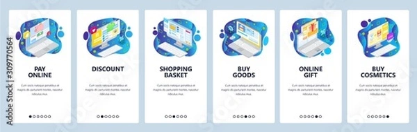 Fototapeta Mobile app onboarding screens. Online shopping isometric icons, buy and pay online, discount, gifts, store basket. Vector banner for website and mobile development. Web site design illustration